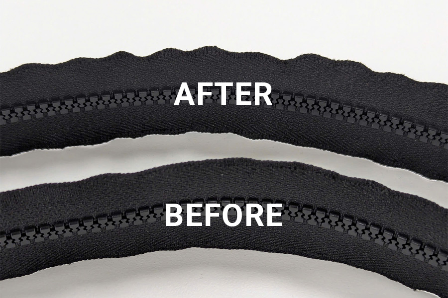 After pre-expansion, zipper will have natural wave on edge to avoid wavy after sewing.