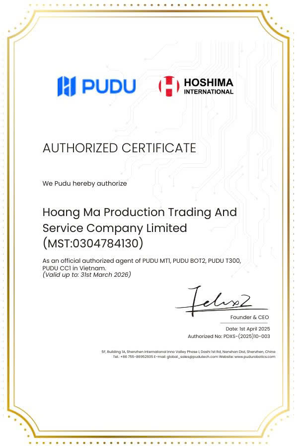 Giấy chứng nhận Hoshima International là đơn vị Cung Cấp Robot PUDU chính hãng