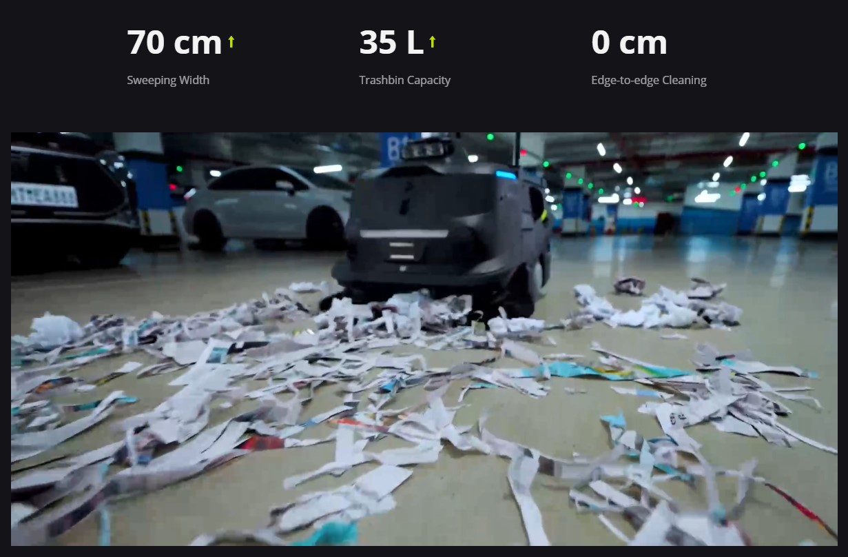 Với diện tích tiếp xúc ngang lớn đến 70 cm và thùng rác 35L PUDU MT1 MAX có thể được vận hành trong các môi trường trong nhà và ngoài trời bao gồm sân bãi, kho, bãi đổ xe, khuôn viên công nghiệp, hay khuôn viên tổ hợp nhà ở.