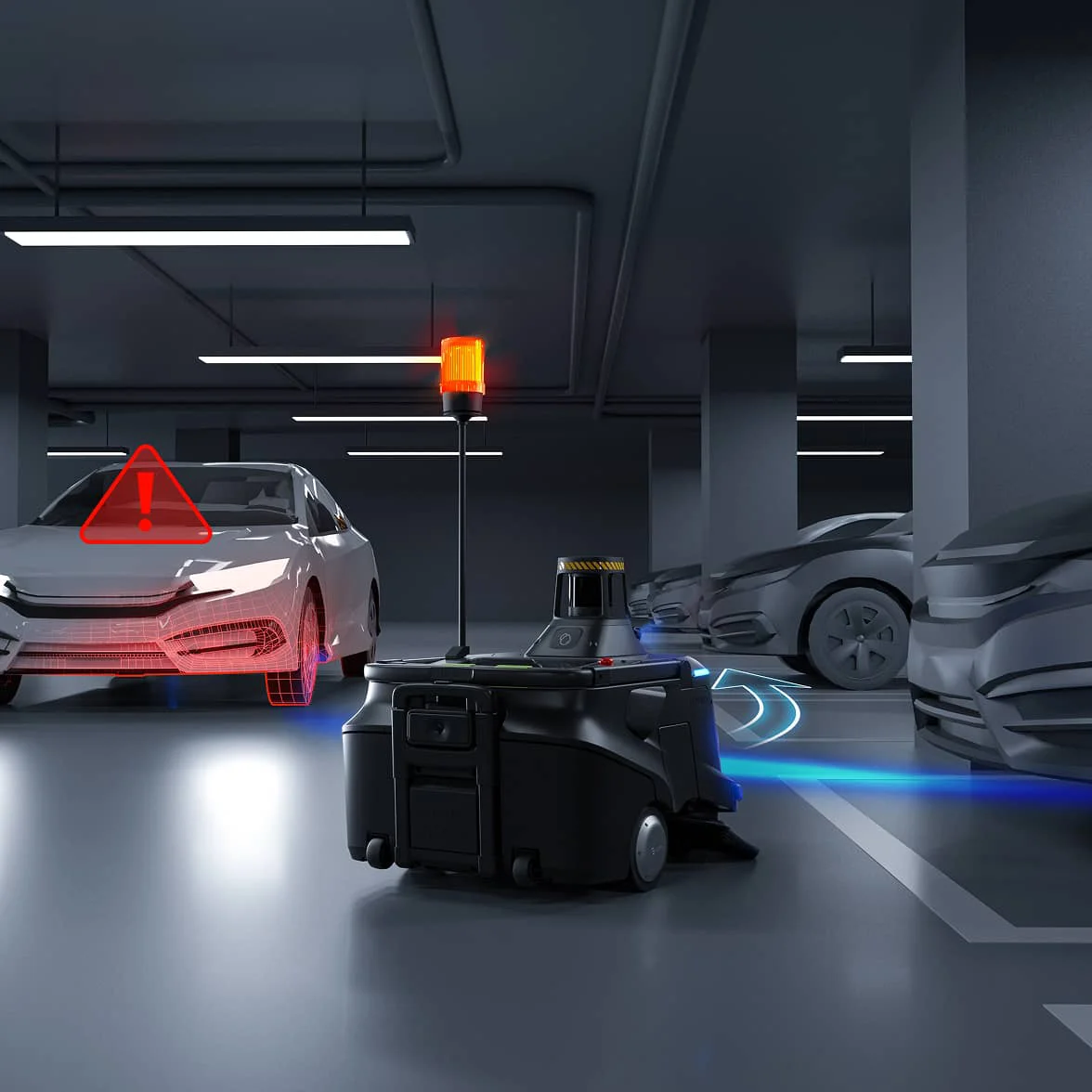 PUDU MT1 MAX có khả năng nhận diện vật thể lớn và ngay cả khi đang di chuyển như xe cộ, phù hợp để dùng làm robot vệ sinh hầm giữ xe, kho bãi