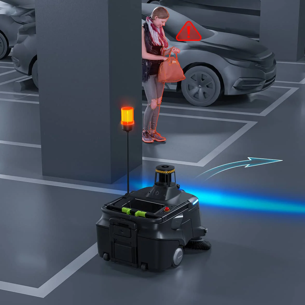 PUDU MT1 Max có cơ chế dừng và chuyển làn khẩn cấp khi gặp chủ thể cản trở là con người ngay cả khi đang di chuyển