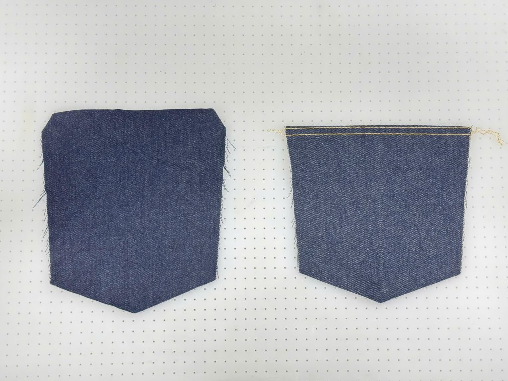 Jeans back pocket before and after hemming process from Hoshima Pocket Hemming Machine